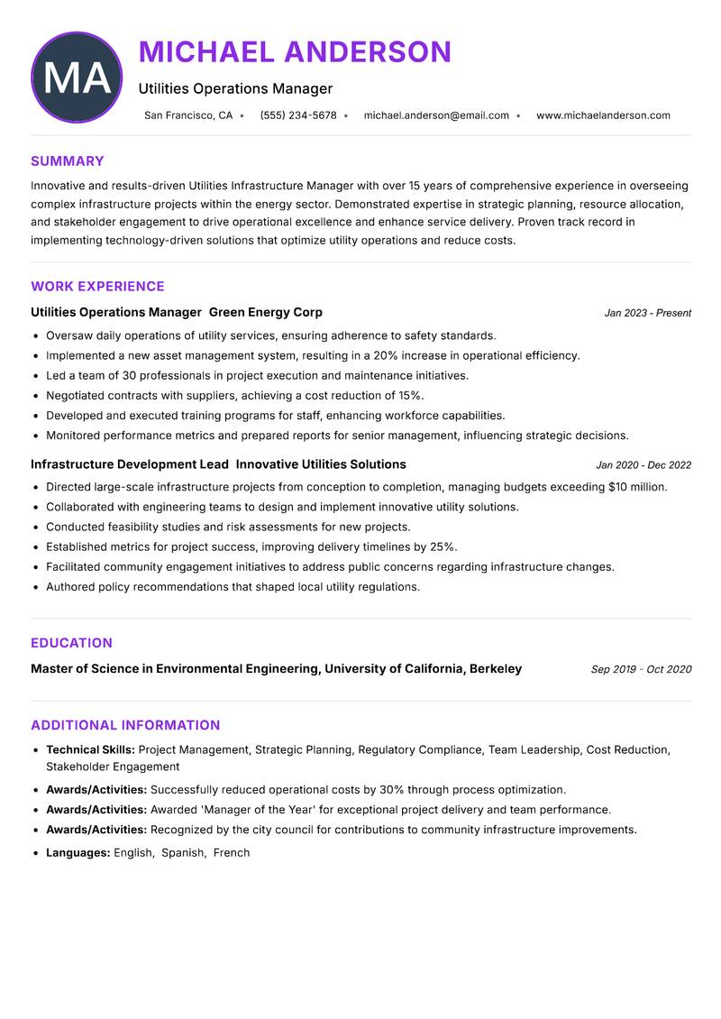 Utilities Infrastructure Manager resume example