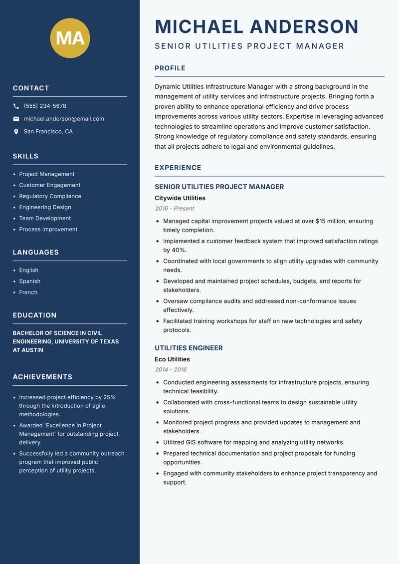 Utilities Infrastructure Manager resume sample — Senior Utilities Project Manager focus