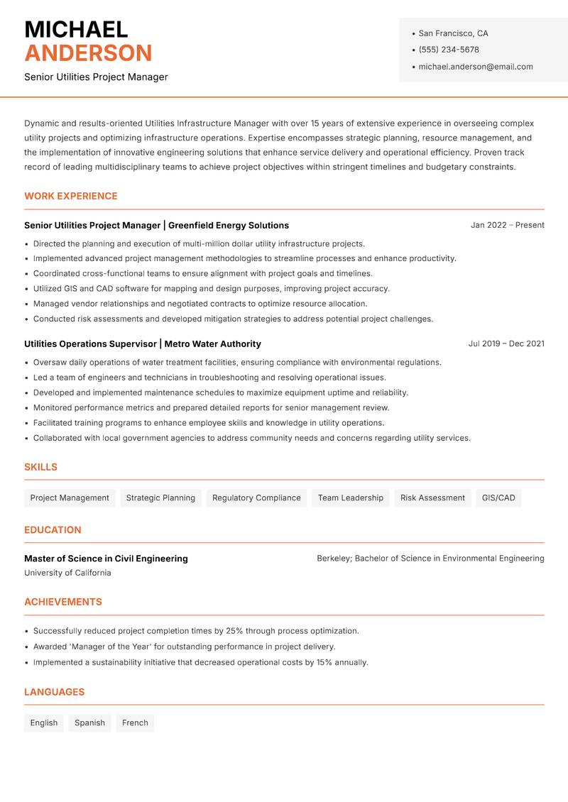 Utilities Infrastructure Manager resume sample — Senior Utilities Project Manager focus