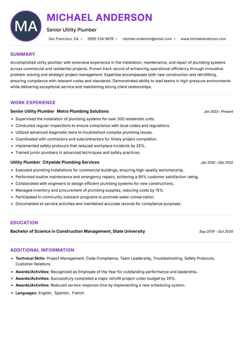 Utility Plumber resume example