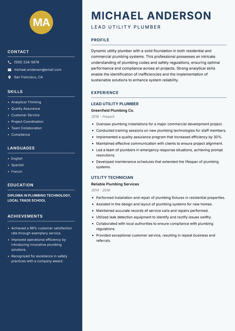 Utility Plumber resume sample — Lead Utility Plumber focus