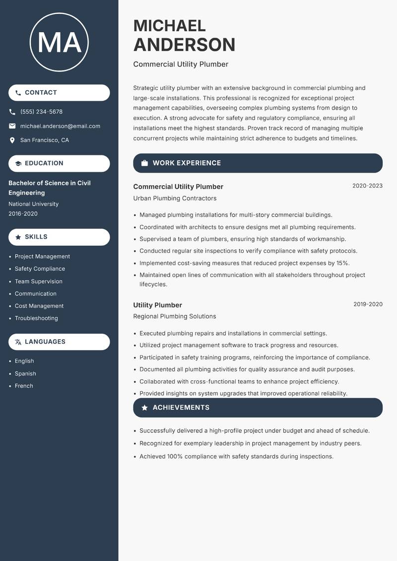 Utility Plumber resume sample — Commercial Utility Plumber focus