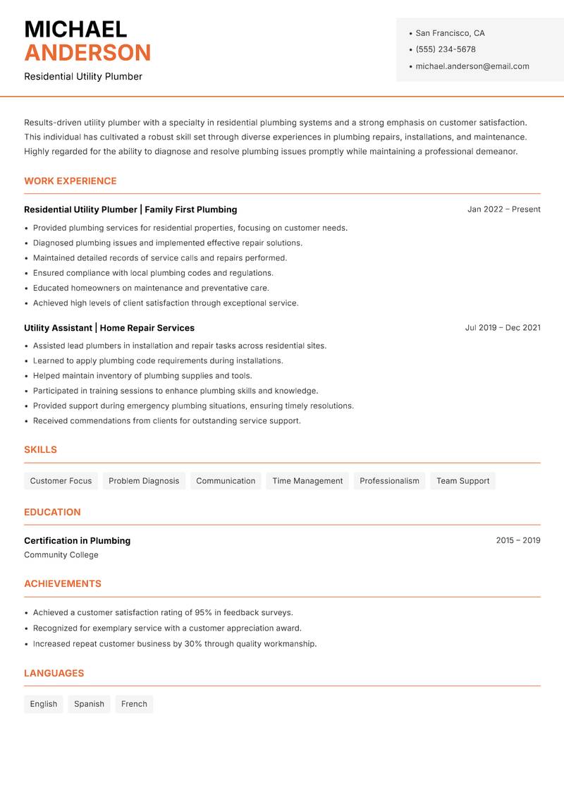 Utility Plumber resume sample — Residential Utility Plumber focus