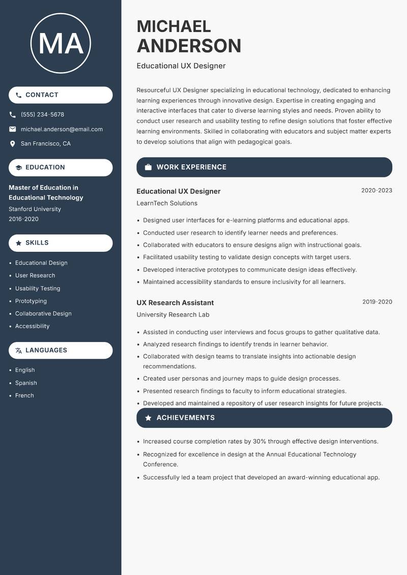 UX Designer resume sample — Educational UX Designer focus