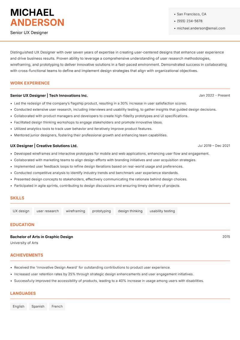 UX Designer resume sample — Senior UX Designer focus