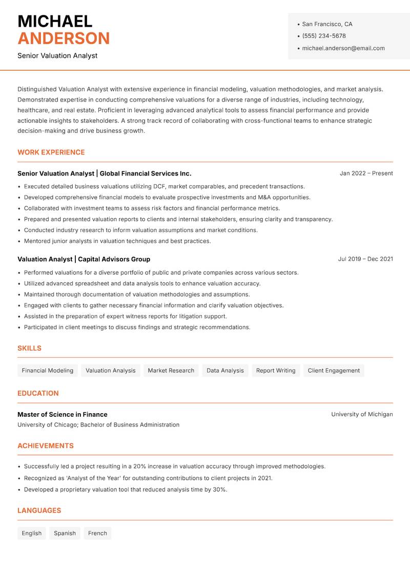 Valuation Analyst resume sample — Senior Valuation Analyst focus