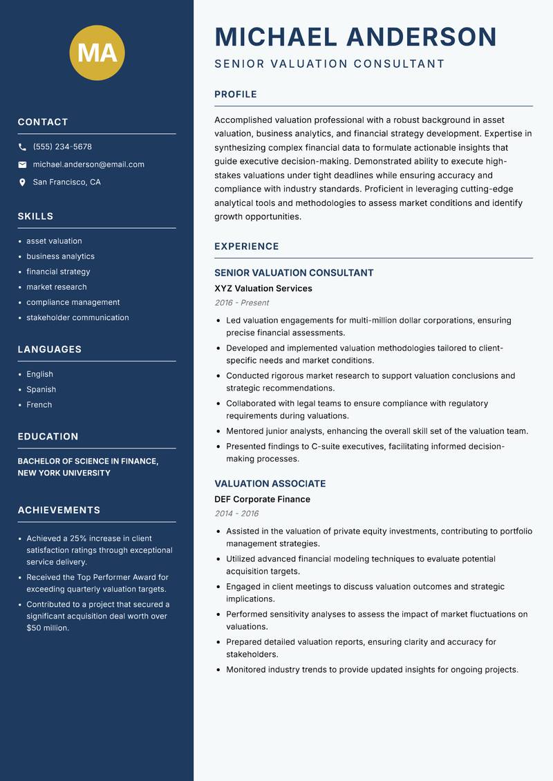 Valuation Associate resume sample — Senior Valuation Consultant focus