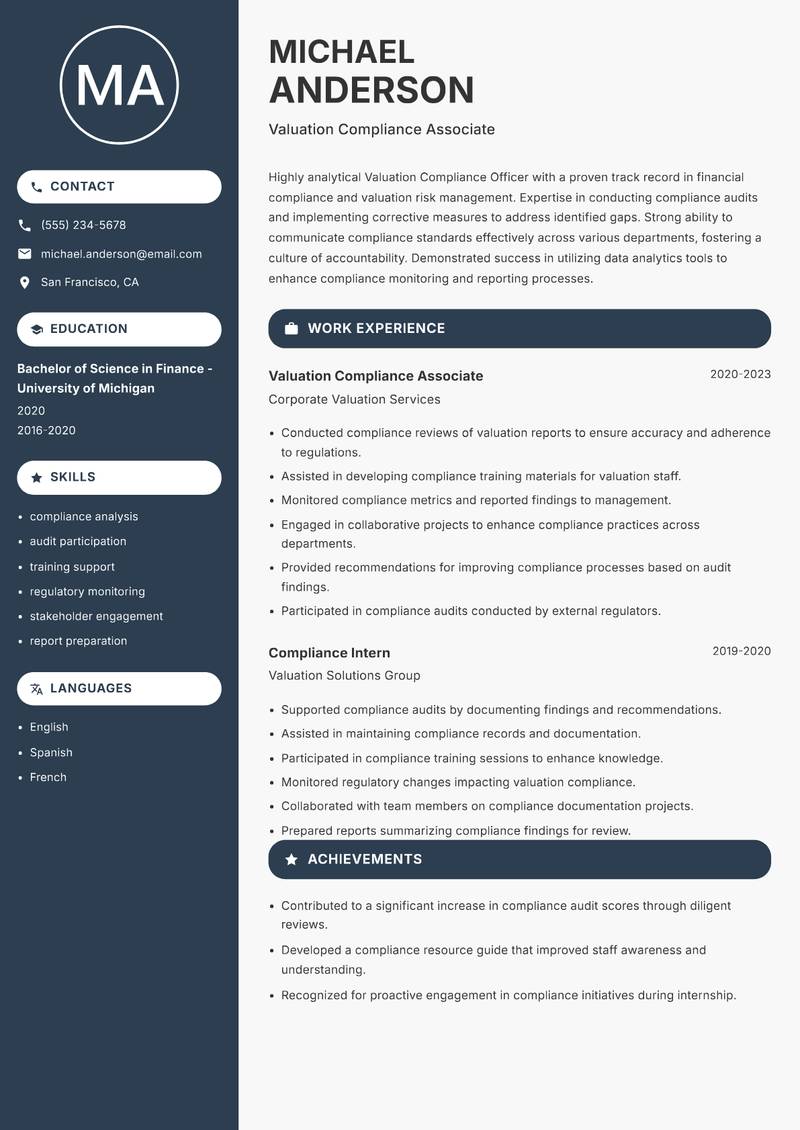 Valuation Compliance Officer resume sample — Valuation Compliance Associate focus
