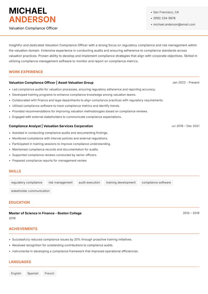 Valuation Compliance Officer resume sample — Valuation Compliance Officer focus