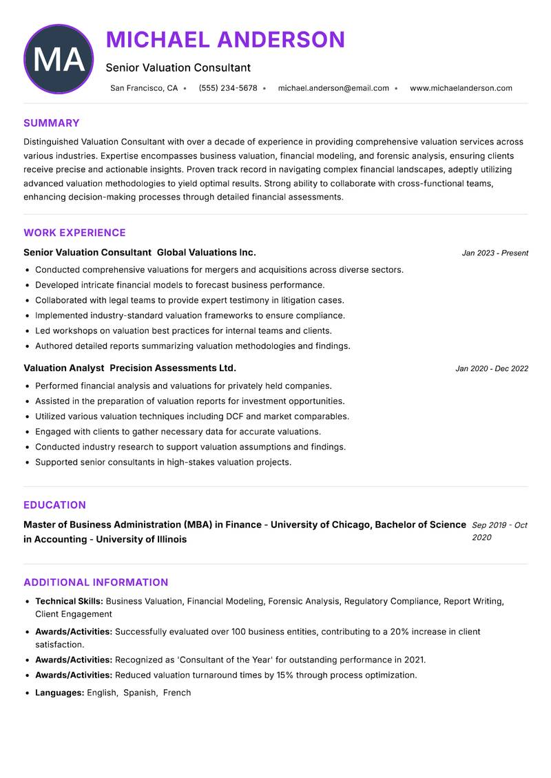 Valuation Consultant resume example