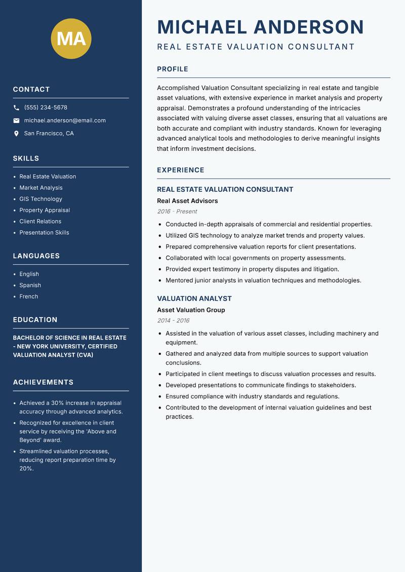 Valuation Consultant resume sample — Real Estate Valuation Consultant focus
