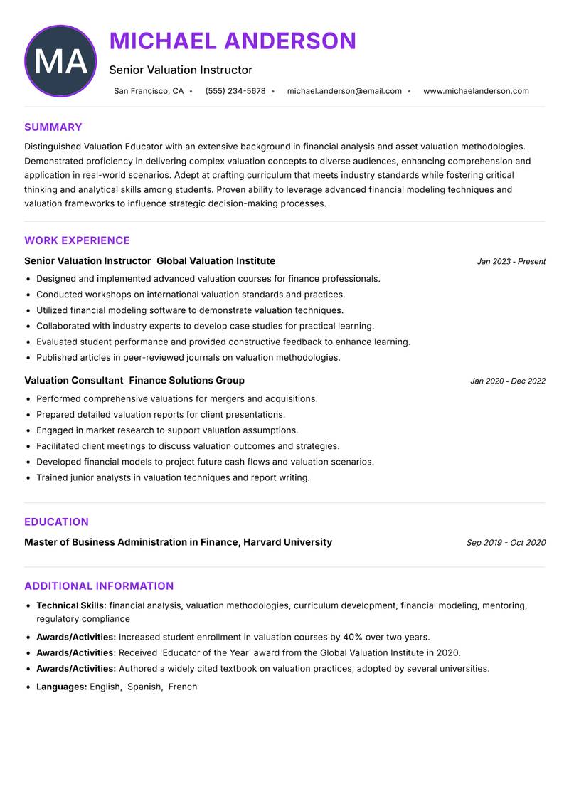 Valuation Educator resume example