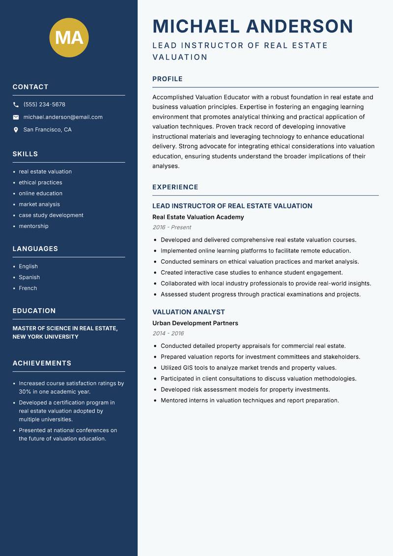 Valuation Educator resume sample — Lead Instructor of Real Estate Valuation focus
