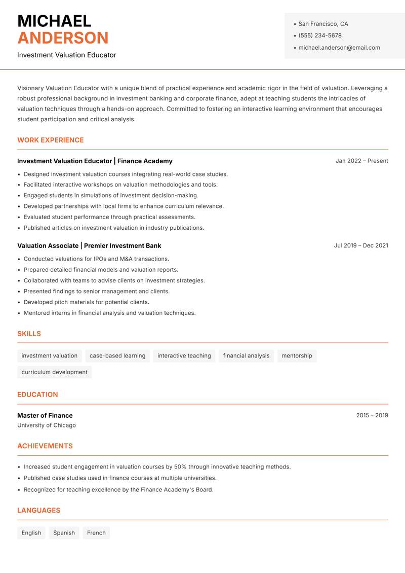 Valuation Educator resume sample — Investment Valuation Educator focus