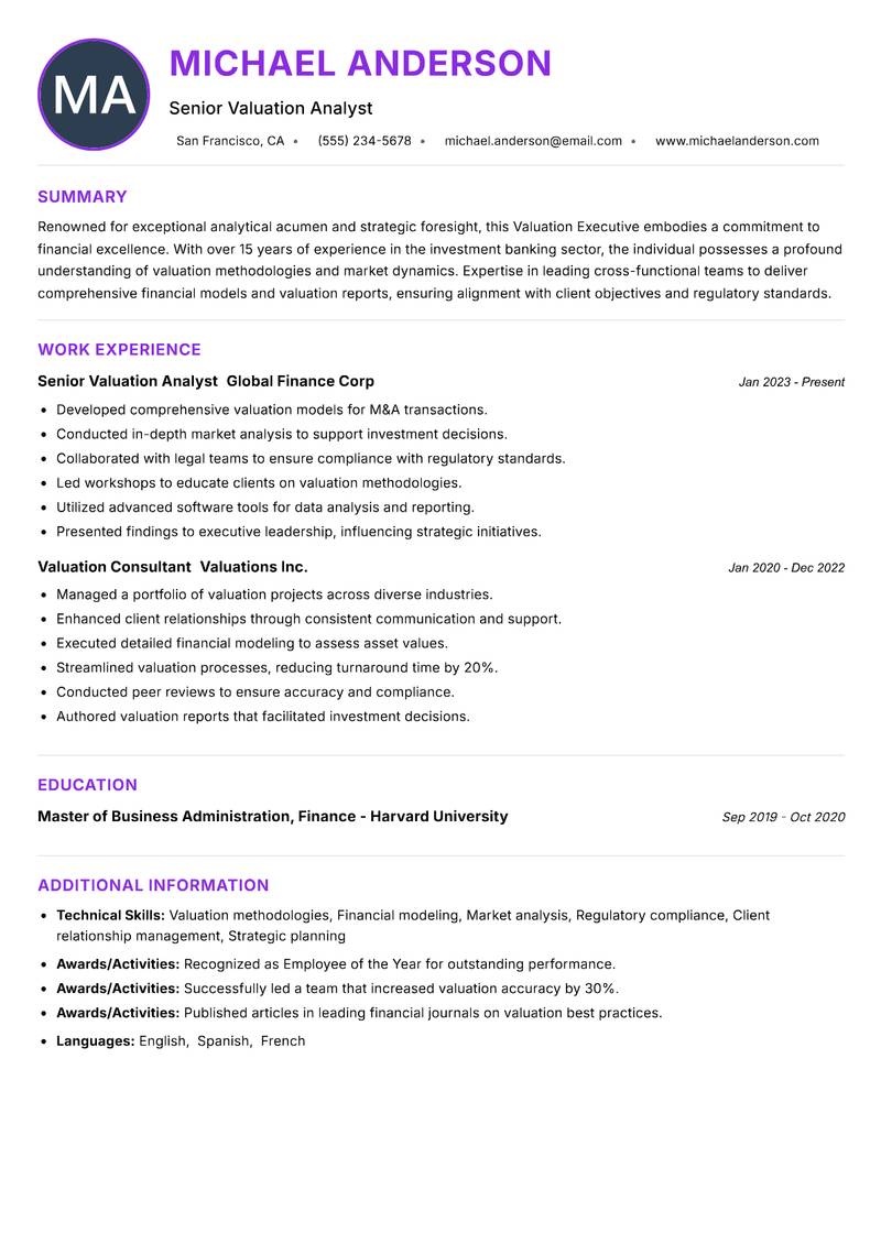 Valuation Executive resume example