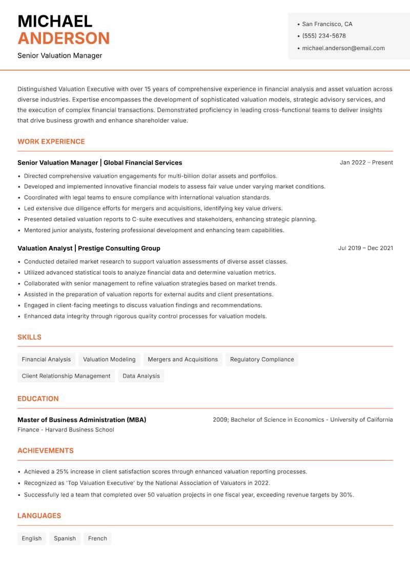 Valuation Executive resume sample — Senior Valuation Manager focus