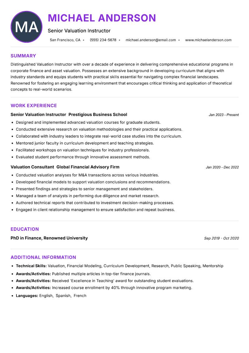 Valuation Instructor resume example