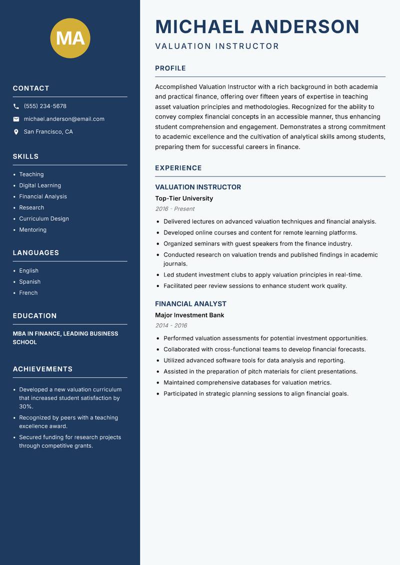 Valuation Instructor resume sample — Valuation Instructor focus
