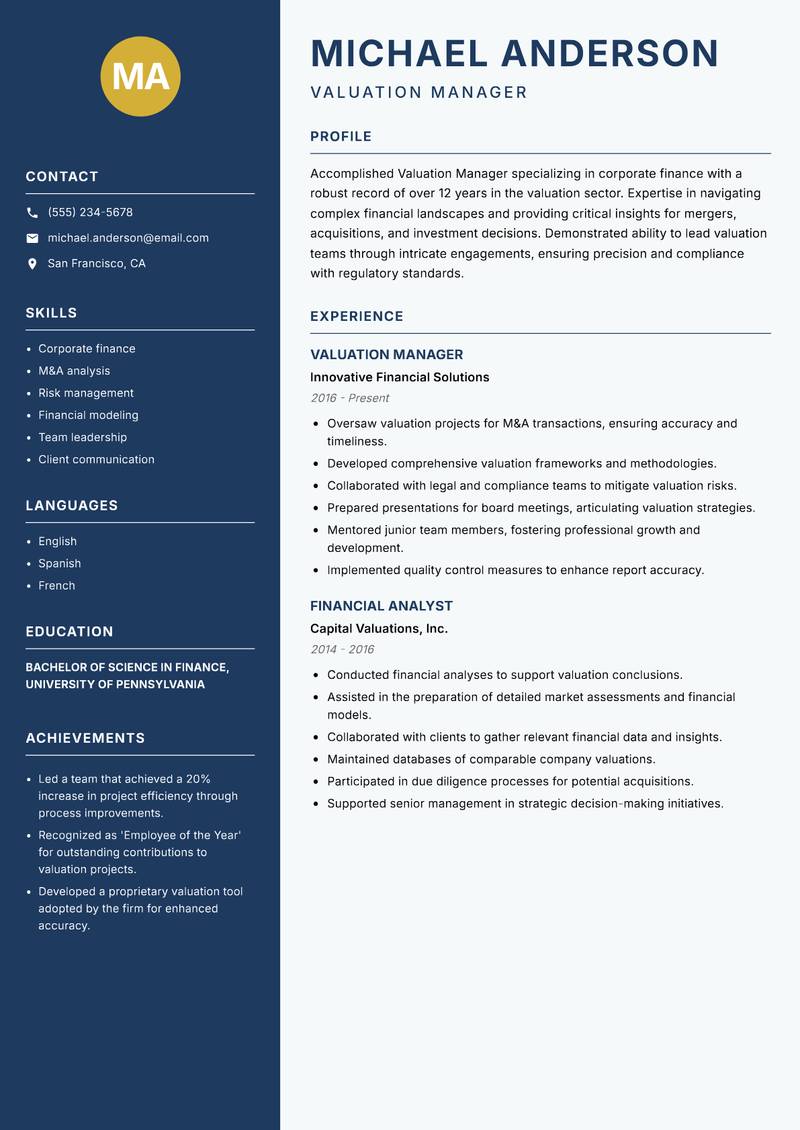 Valuation Manager resume sample — Valuation Manager focus