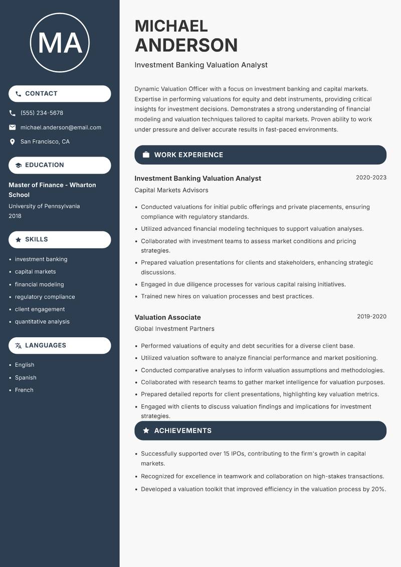 Valuation Officer resume sample — Investment Banking Valuation Analyst focus