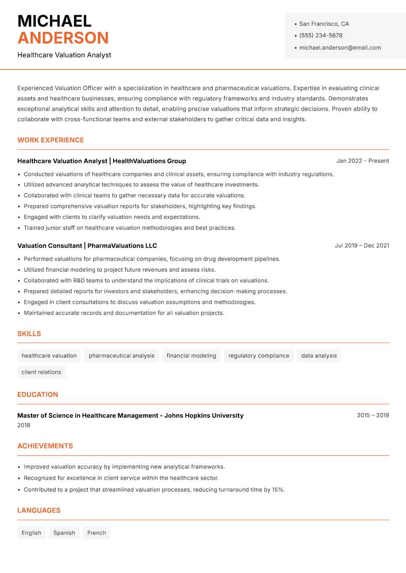 Valuation Officer resume sample — Healthcare Valuation Analyst focus