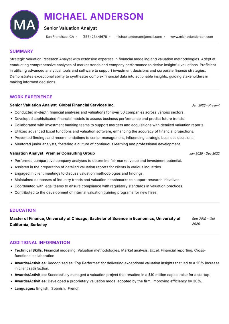 Valuation Research Analyst resume example