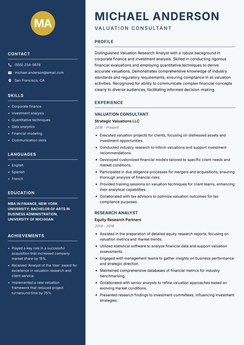 Valuation Research Analyst resume sample — Valuation Consultant focus
