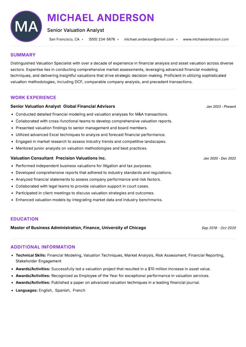 Valuation Specialist resume example