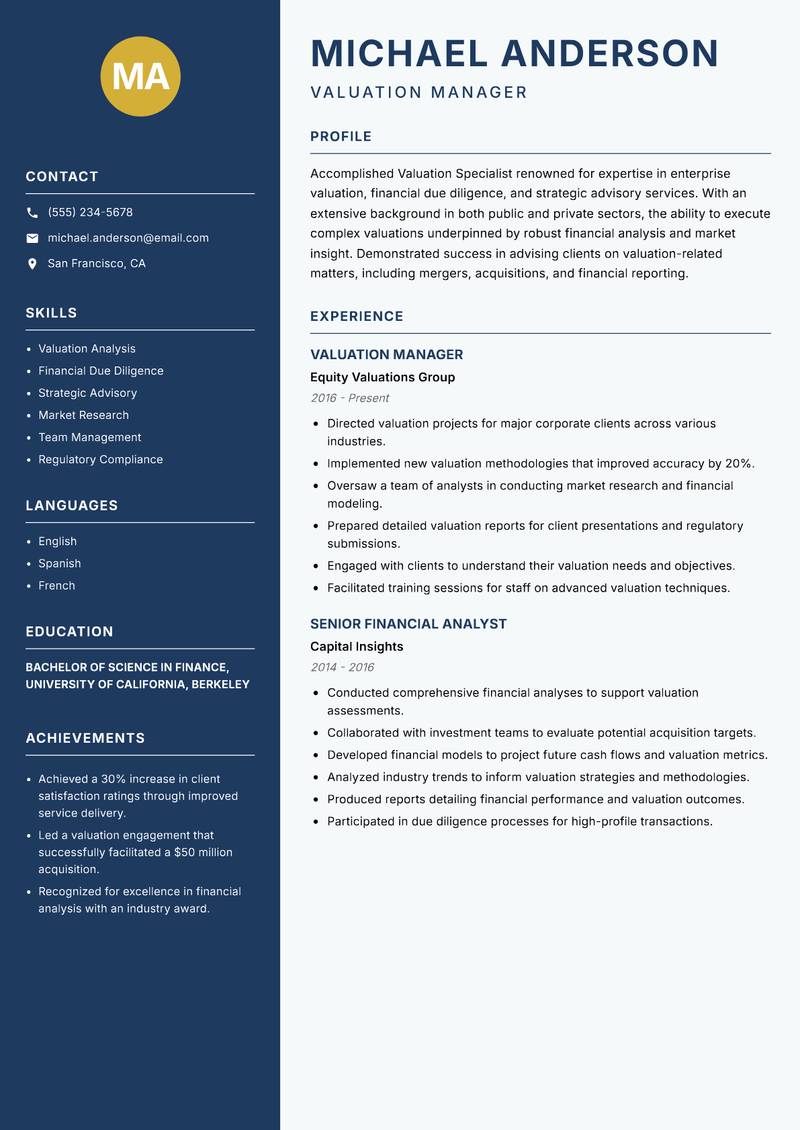 Valuation Specialist resume sample — Valuation Manager focus