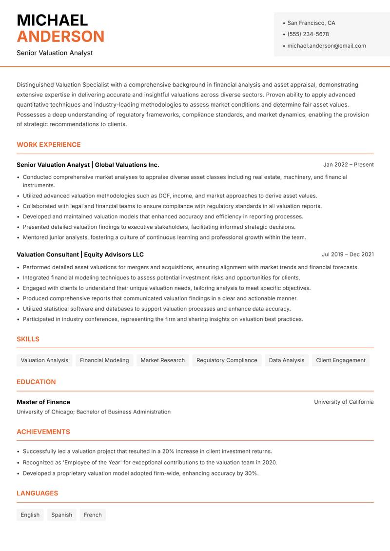Valuation Specialist resume sample — Senior Valuation Analyst focus
