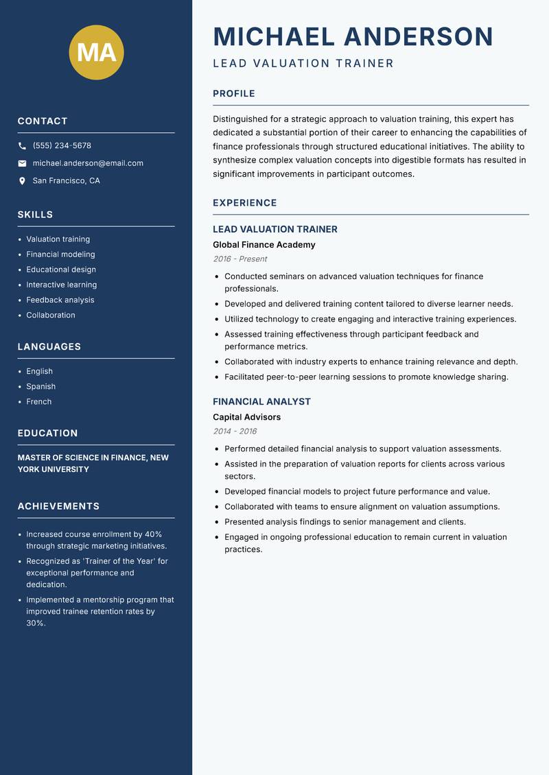 Valuation Trainer resume sample — Lead Valuation Trainer focus