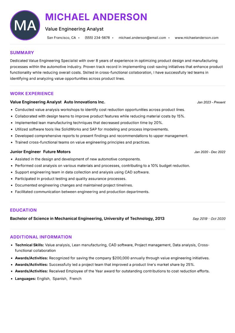 Value Engineering Specialist resume example