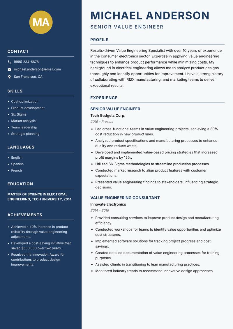 Value Engineering Specialist resume sample — Senior Value Engineer focus