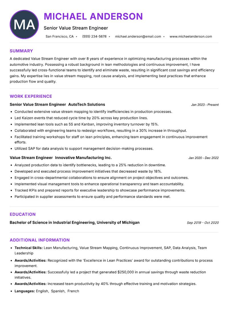 Value Stream Engineer resume example