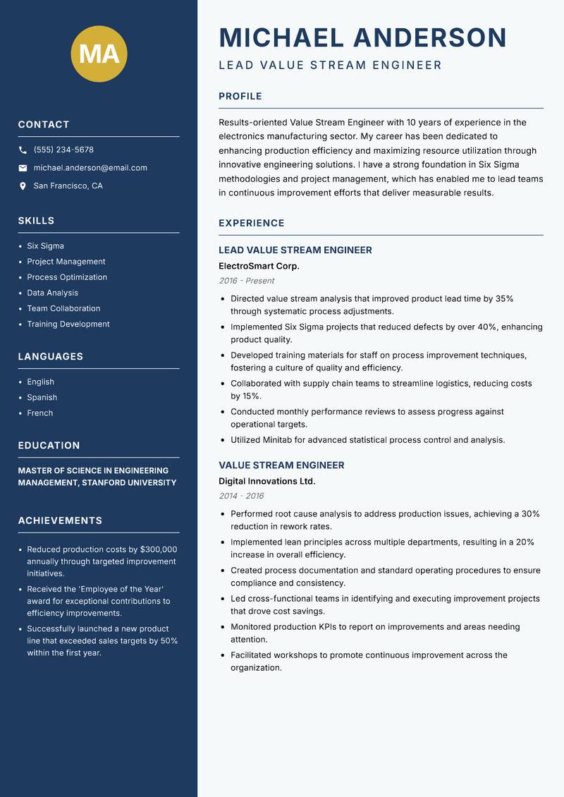 Value Stream Engineer resume sample — Lead Value Stream Engineer focus