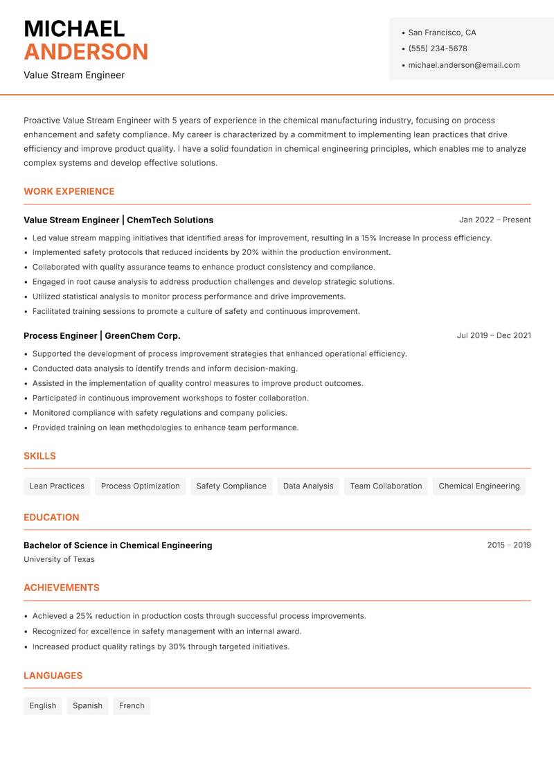 Value Stream Engineer resume sample — Value Stream Engineer focus