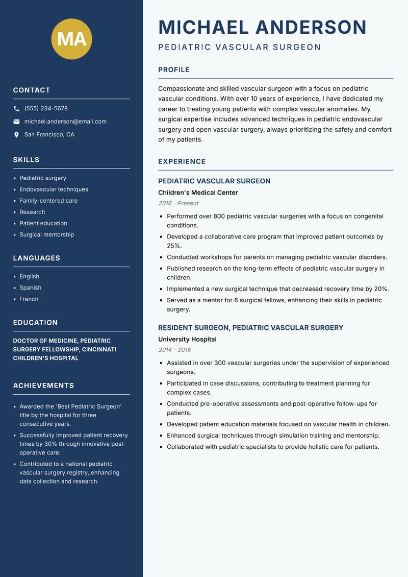 Vascular Surgeon resume sample — Pediatric Vascular Surgeon focus