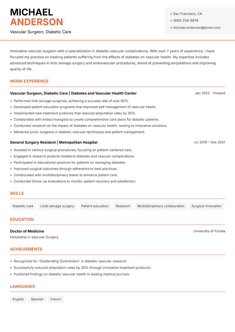 Vascular Surgeon resume sample — Vascular Surgeon, Diabetic Care focus