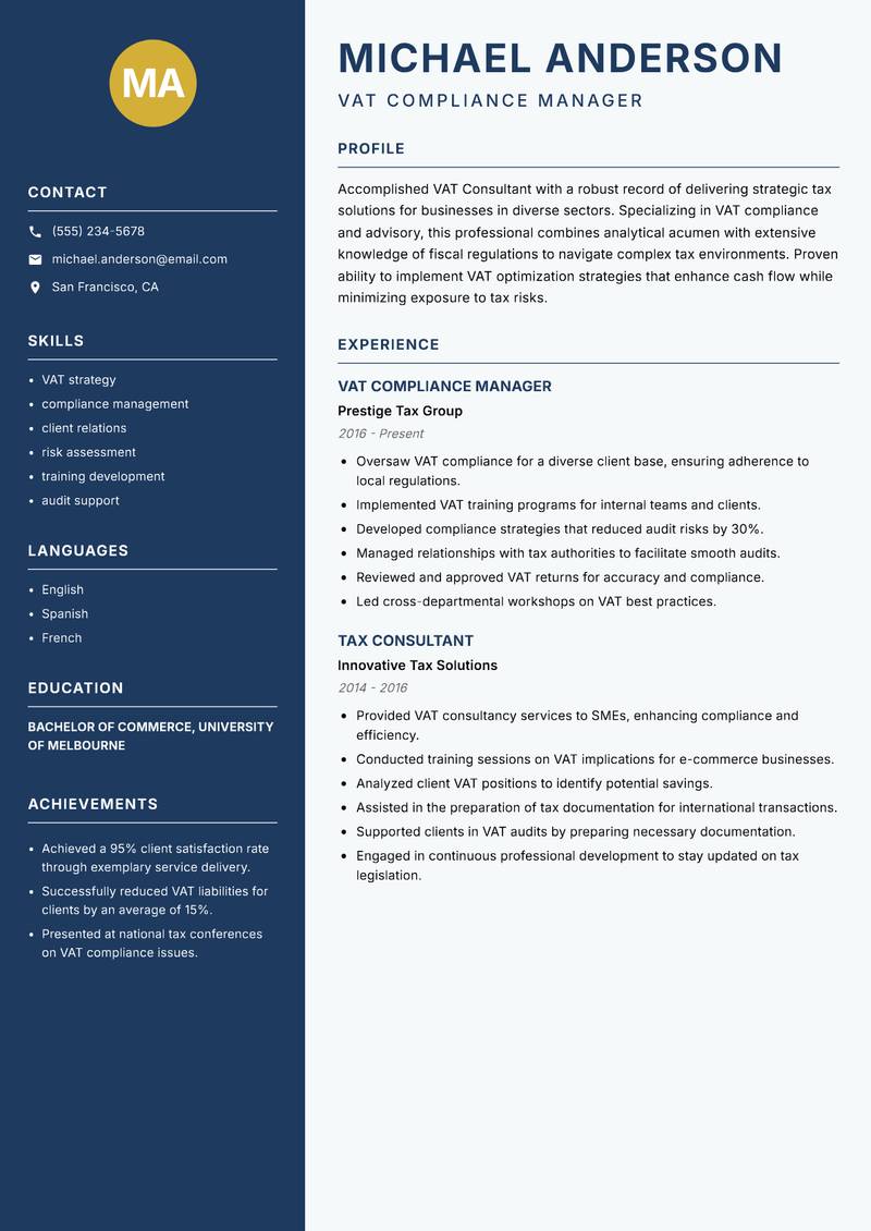 VAT Consultant resume sample — VAT Compliance Manager focus