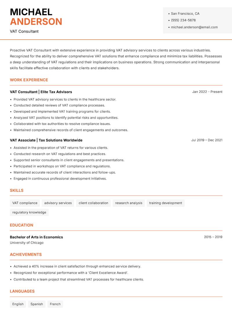 VAT Consultant resume sample — VAT Consultant focus