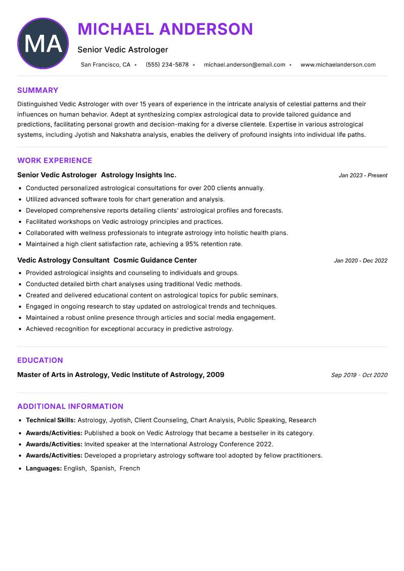 Vedic Astrologer resume example