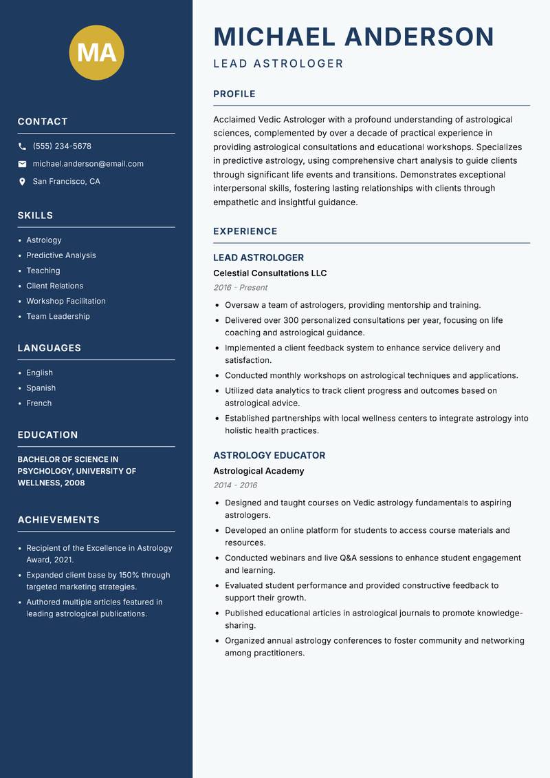 Vedic Astrologer resume sample — Lead Astrologer focus
