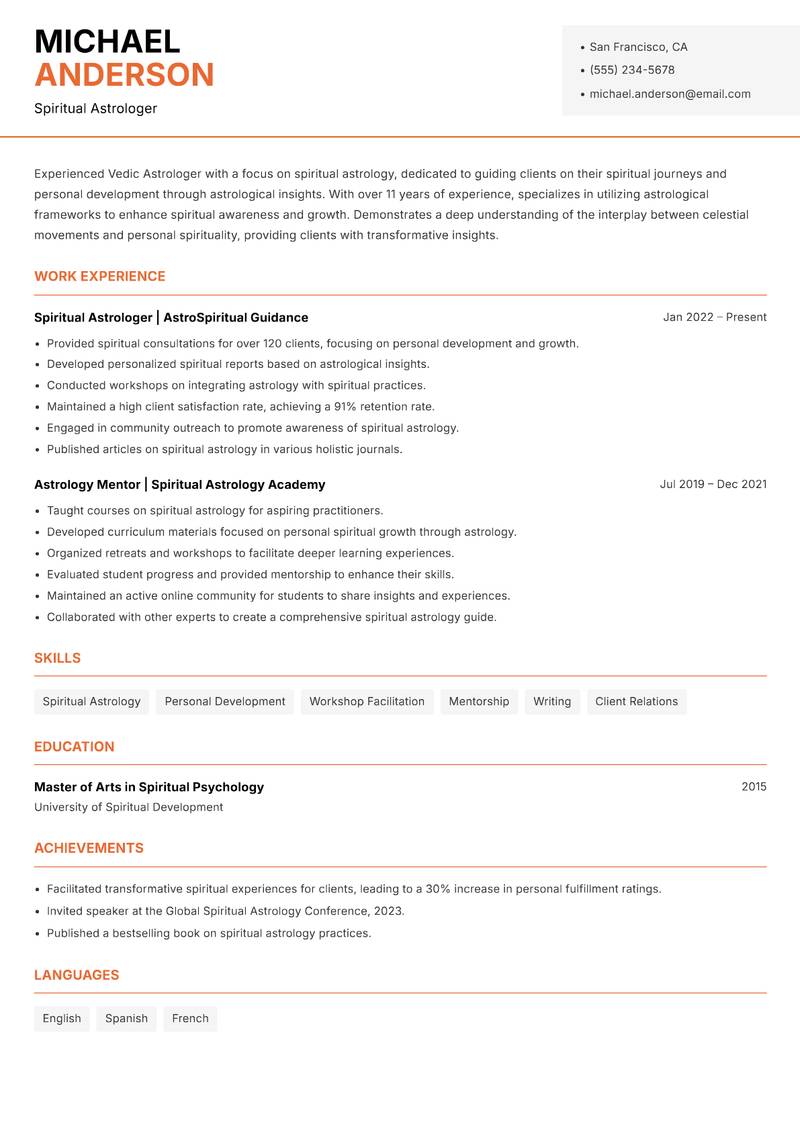 Vedic Astrologer resume sample — Spiritual Astrologer focus