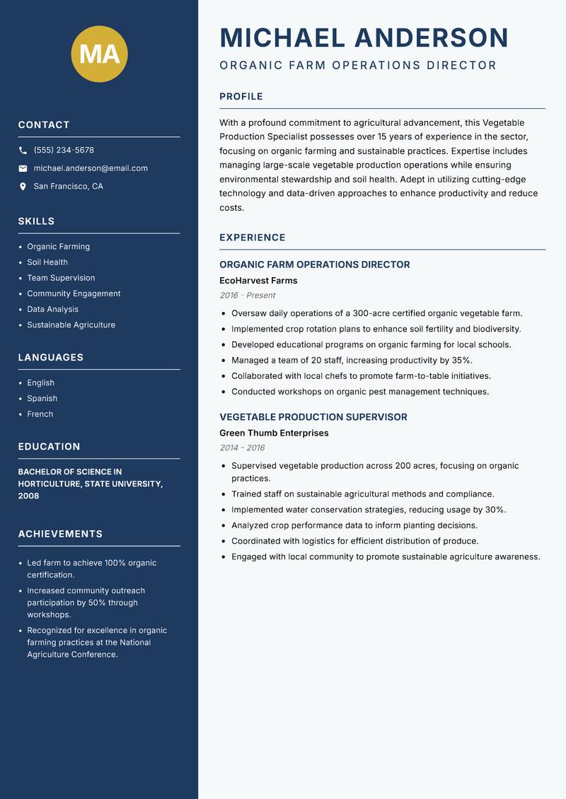 Vegetable Production Specialist resume sample — Organic Farm Operations Director focus