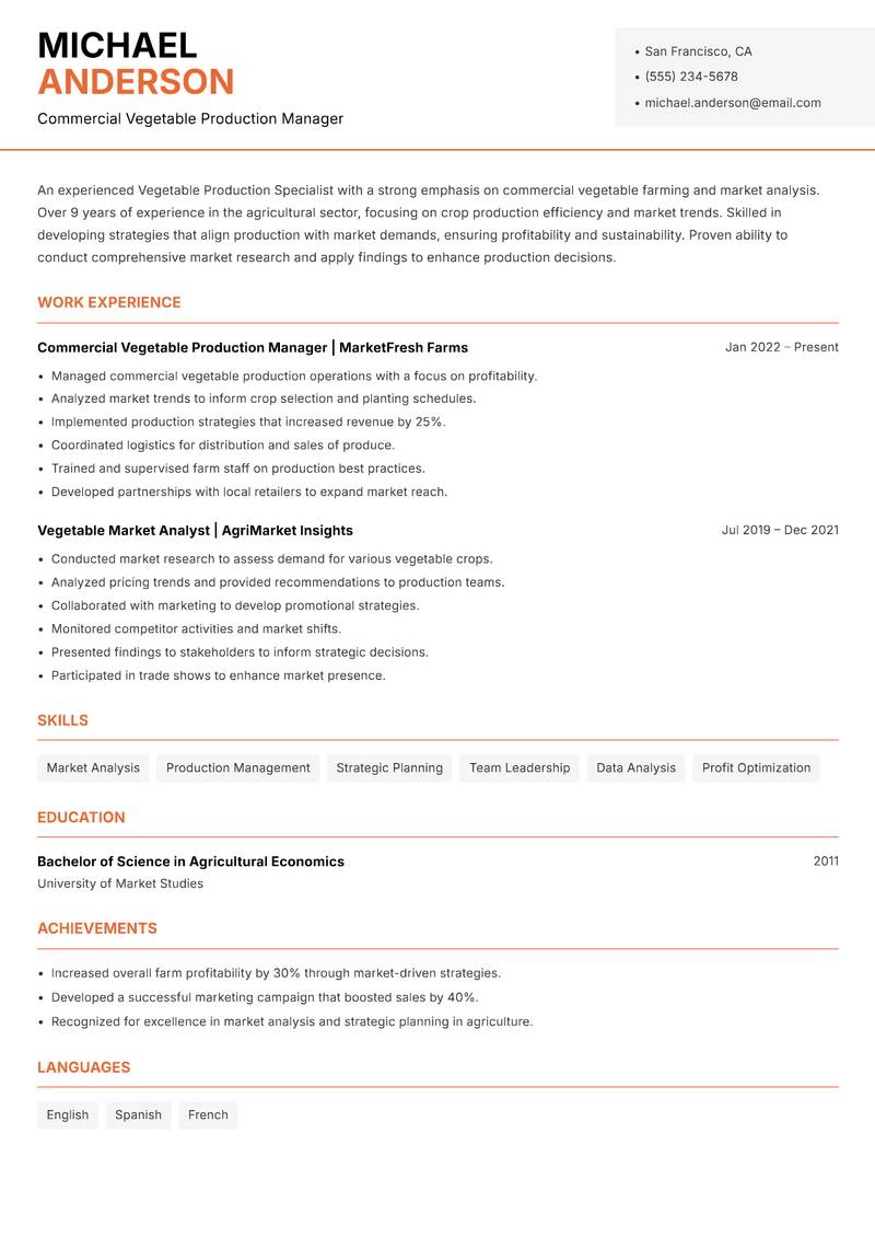 Vegetable Production Specialist resume sample — Commercial Vegetable Production Manager focus
