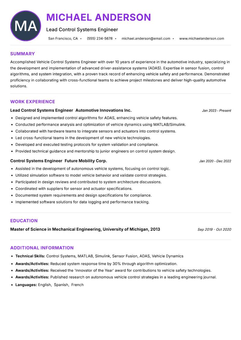 Vehicle Control Systems Engineer resume example