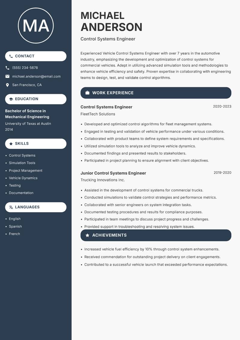 Vehicle Control Systems Engineer resume sample — Control Systems Engineer focus