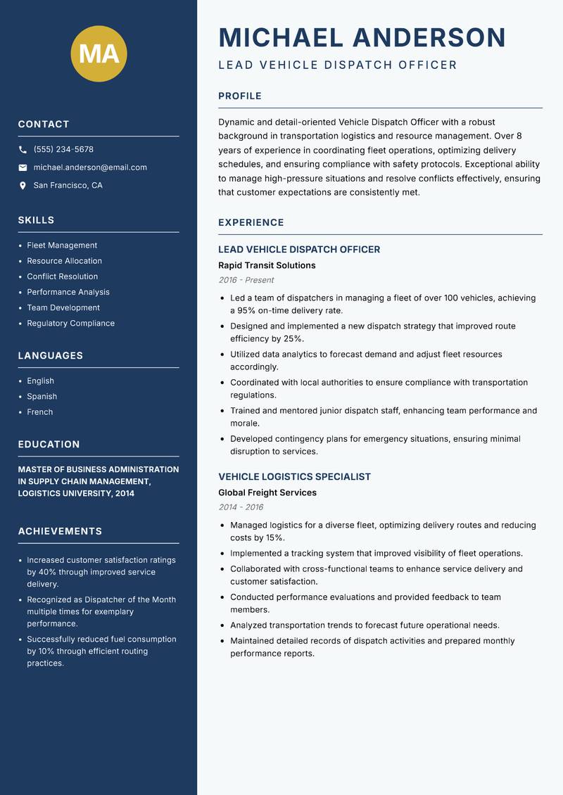 Vehicle Dispatch Officer resume sample — Lead Vehicle Dispatch Officer focus
