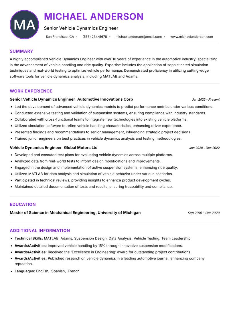 Vehicle Dynamics Engineer resume example