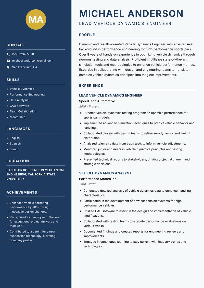 Vehicle Dynamics Engineer resume sample — Lead Vehicle Dynamics Engineer focus